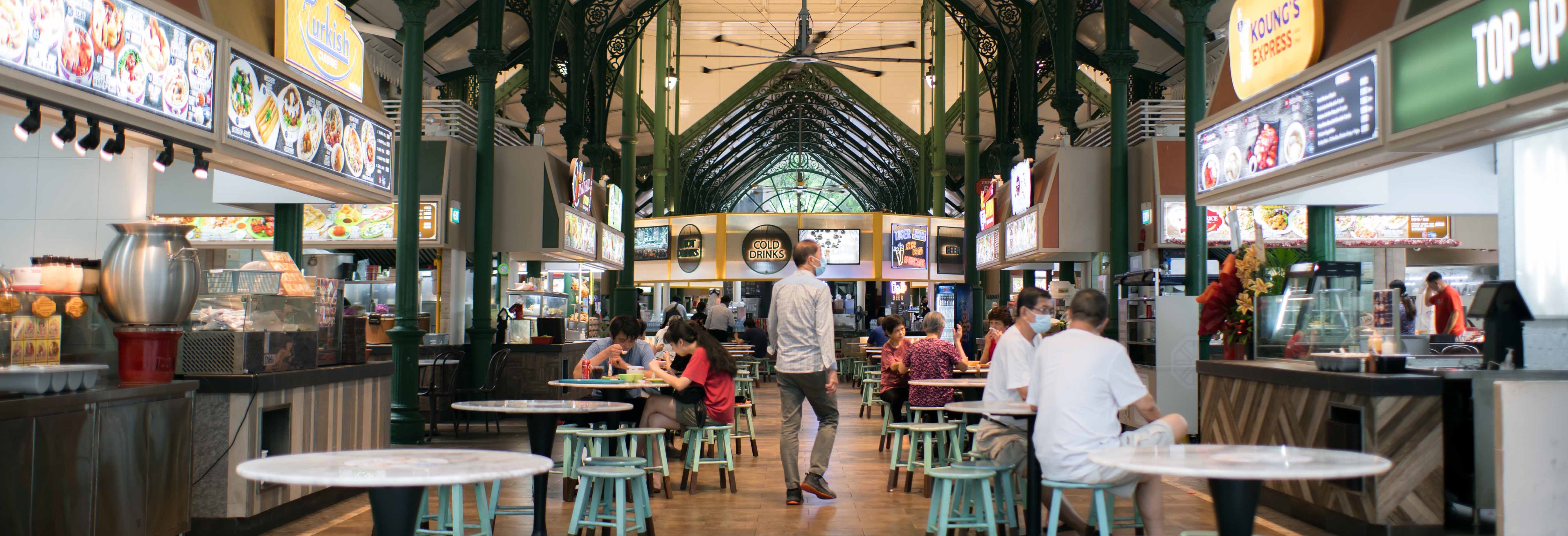 Lau Pa Sat Hawker Centre with a wide variety of stalls selling different cuisines 